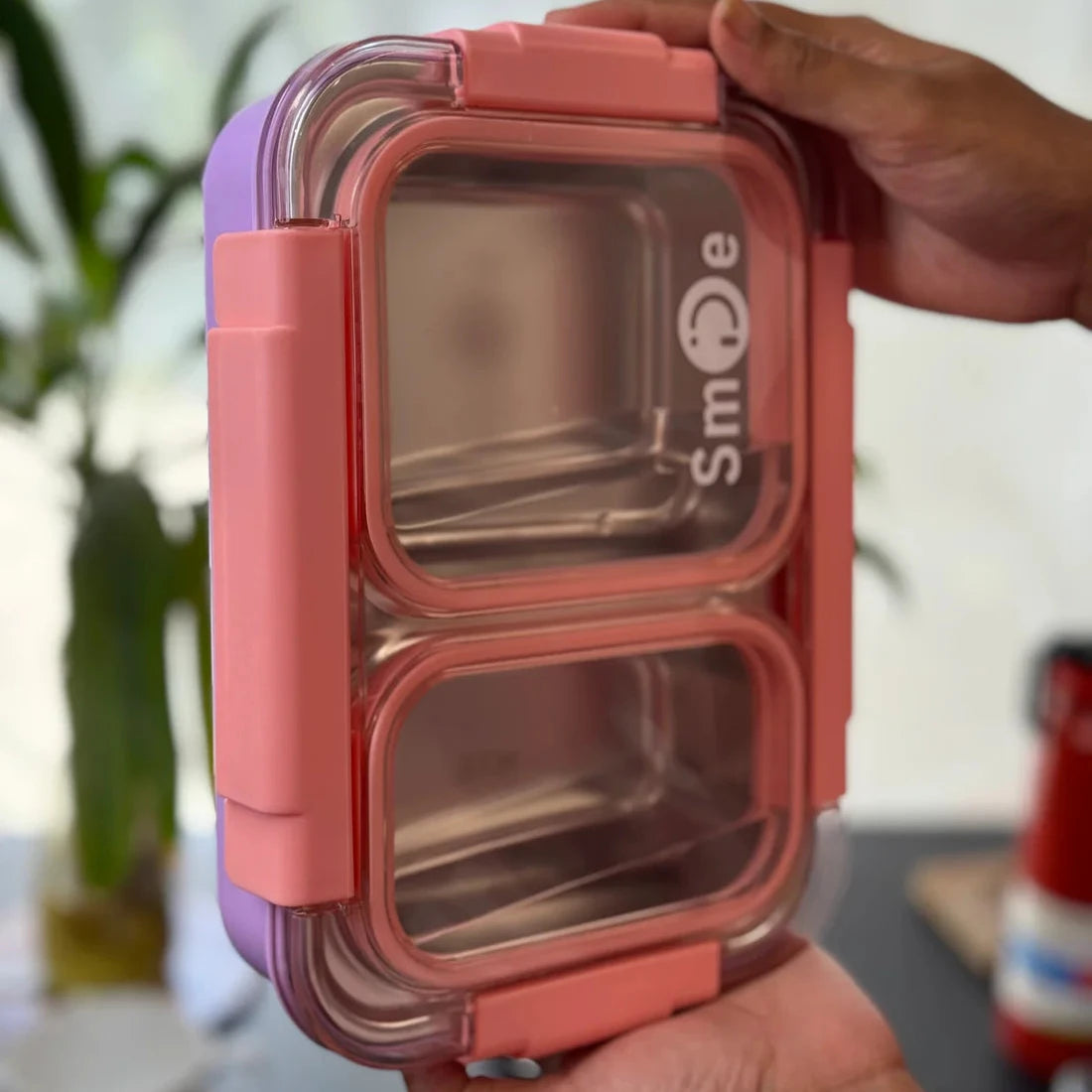 Leakproof 2 Compartment Stainless Steel Lunch Box in Pink Colour