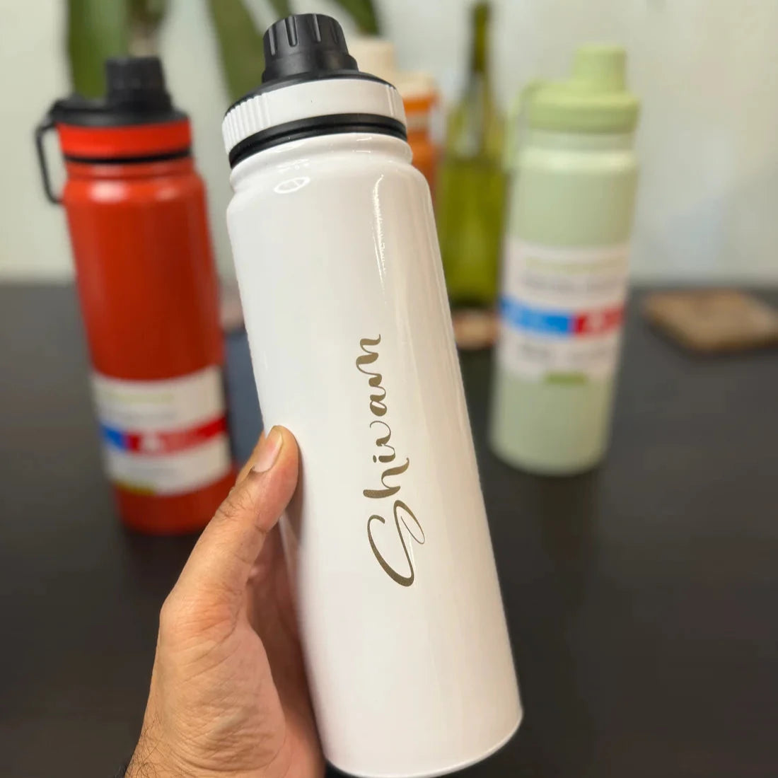White Sporty Stainless Steel Water Bottle with Peronalised Name Engraving On Bottle