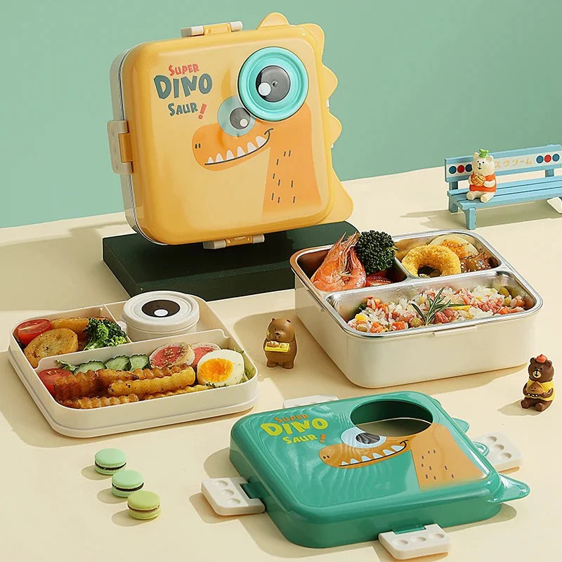 Yellow & Green Dinosaur Double Decker Leakproof Lunch Box for School Kids