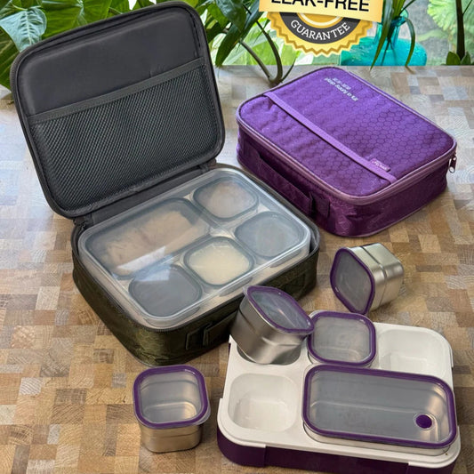 Pure Meal 5 (2+3) Compartment Stainless Steel Bento Lunch Box with Bag