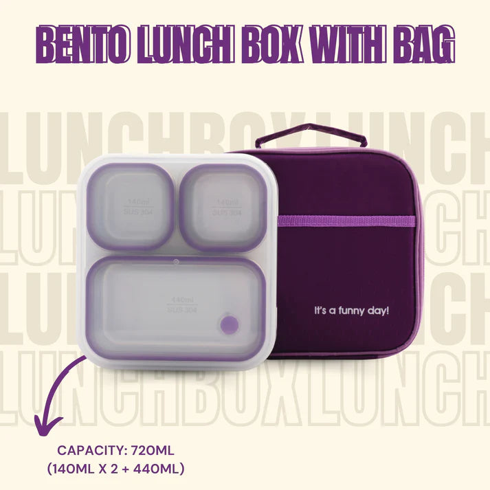Pure Meal 3 Compartment Stainless Steel Bento Lunch Box with Bag