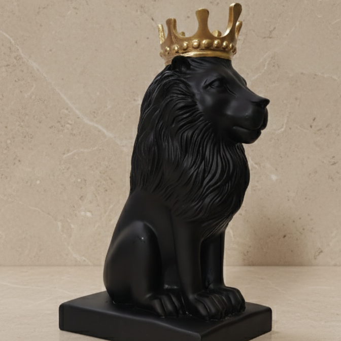 Polyresin Lion King Statue With Crown - Black