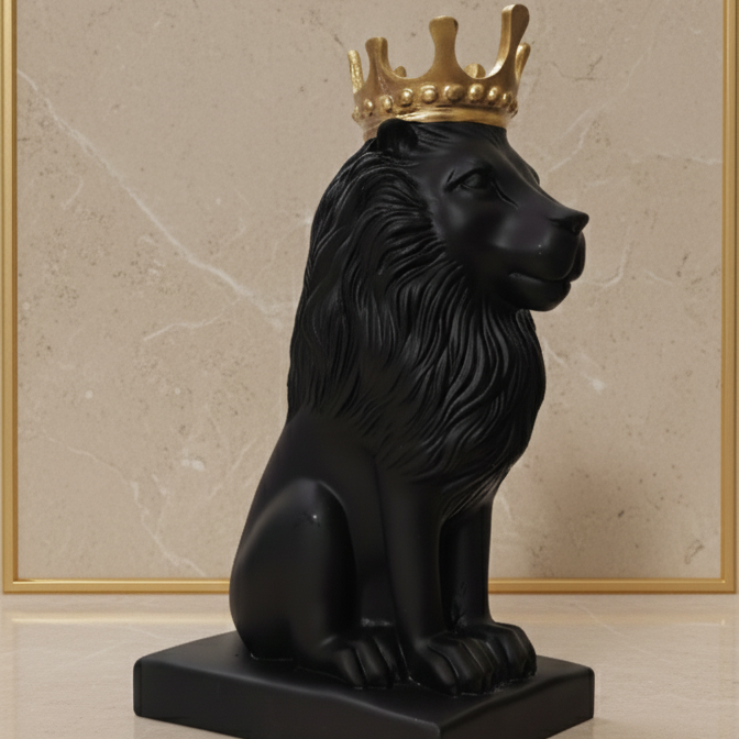 Polyresin Lion King Statue With Crown - Black