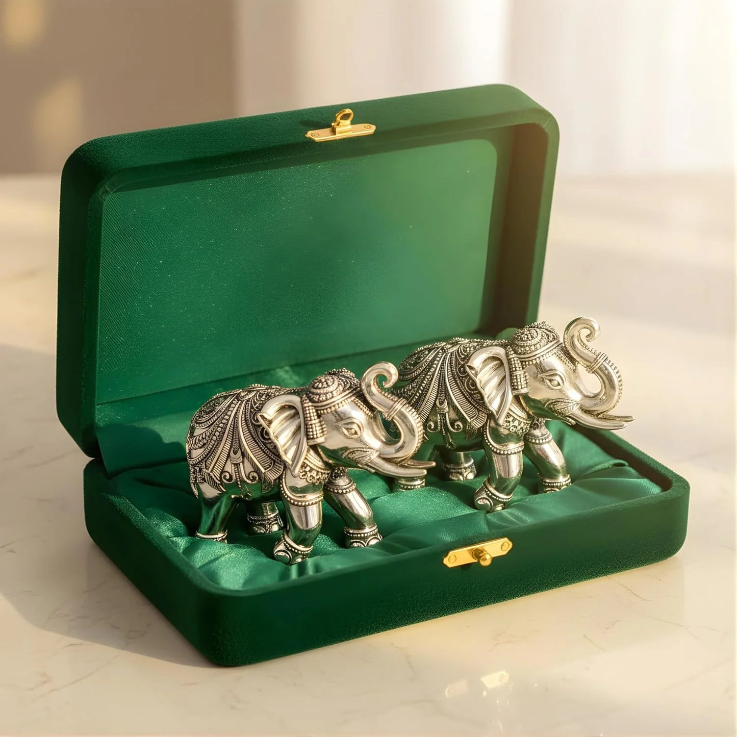 Silver-Plated Elephant Pair for Vastu & Gifting