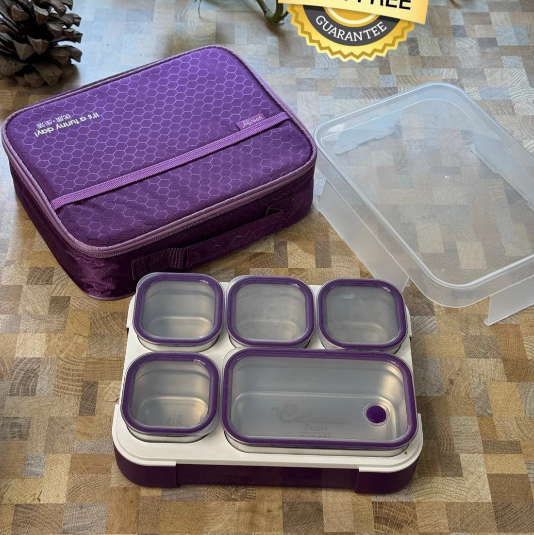 Pure Meal 5 (2+3) Compartment Stainless Steel Bento Lunch Box with Bag