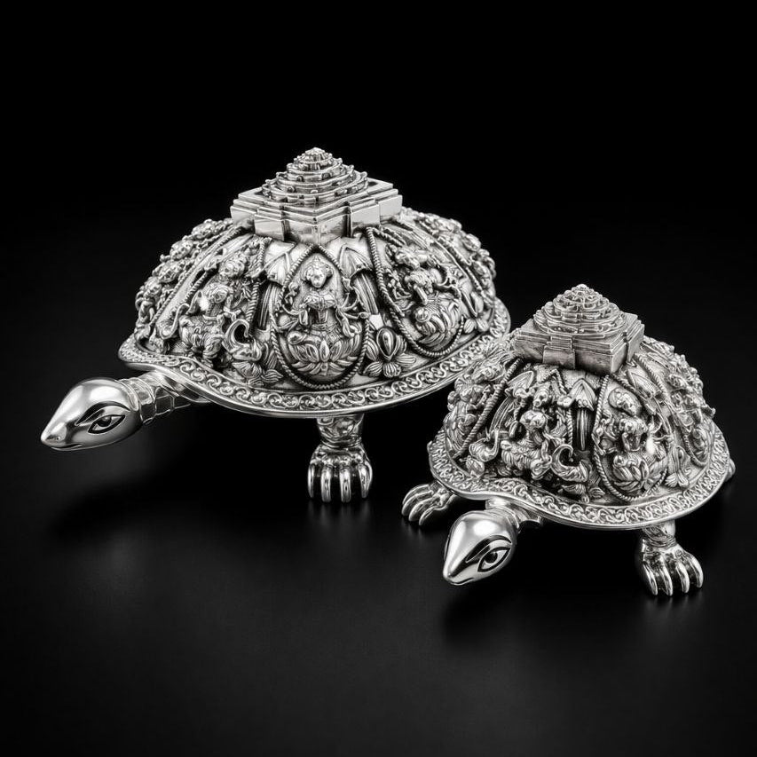 Silver Plated Ashtalakshmi Tortoise Idol with Shree Yantra | 999 Silver Plating