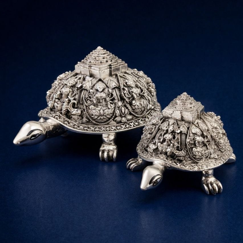 Silver Plated Ashtalakshmi Tortoise Idol with Shree Yantra | 999 Silver Plating