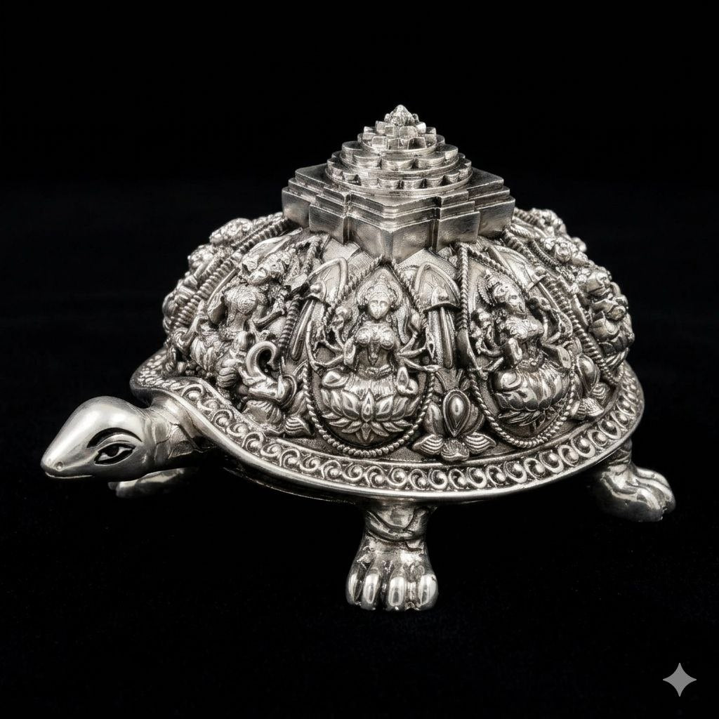 Silver Plated Ashtalakshmi Tortoise Idol with Shree Yantra | 999 Silver Plating