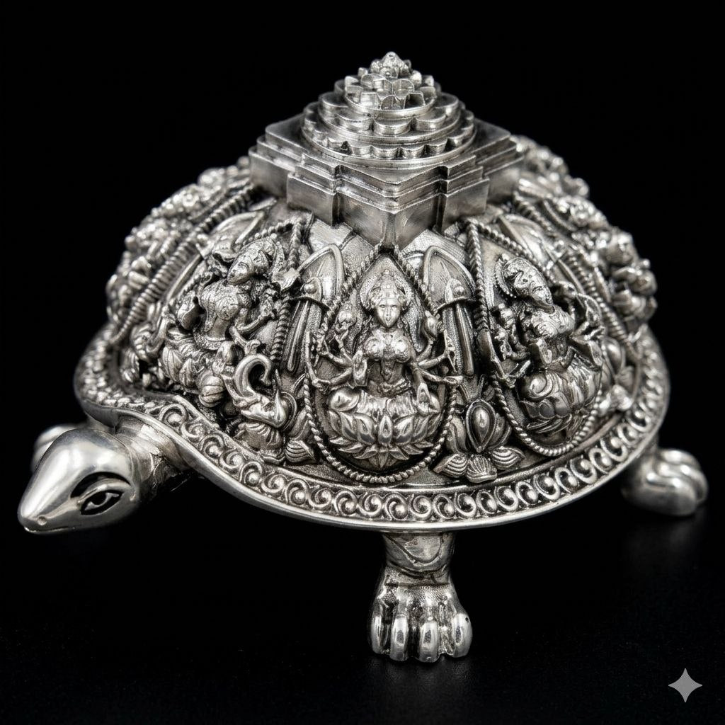 Silver Plated Ashtalakshmi Tortoise Idol with Shree Yantra | 999 Silver Plating