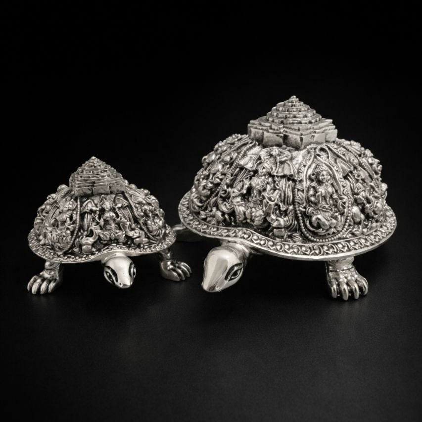 Silver Plated Ashtalakshmi Tortoise Idol with Shree Yantra | 999 Silver Plating