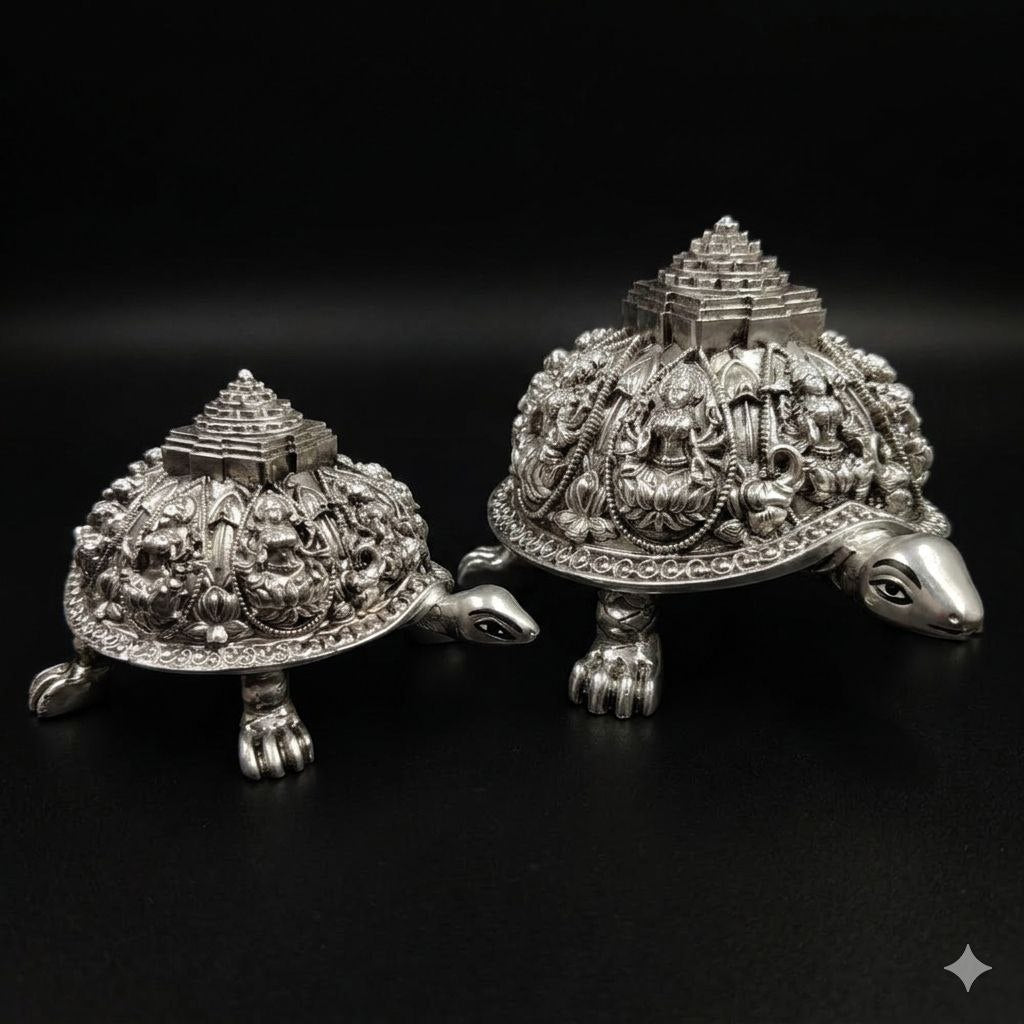Silver Plated Ashtalakshmi Tortoise Idol with Shree Yantra | 999 Silver Plating
