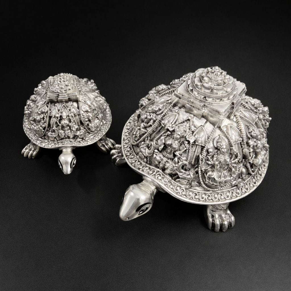Silver Plated Ashtalakshmi Tortoise Idol with Shree Yantra | 999 Silver Plating