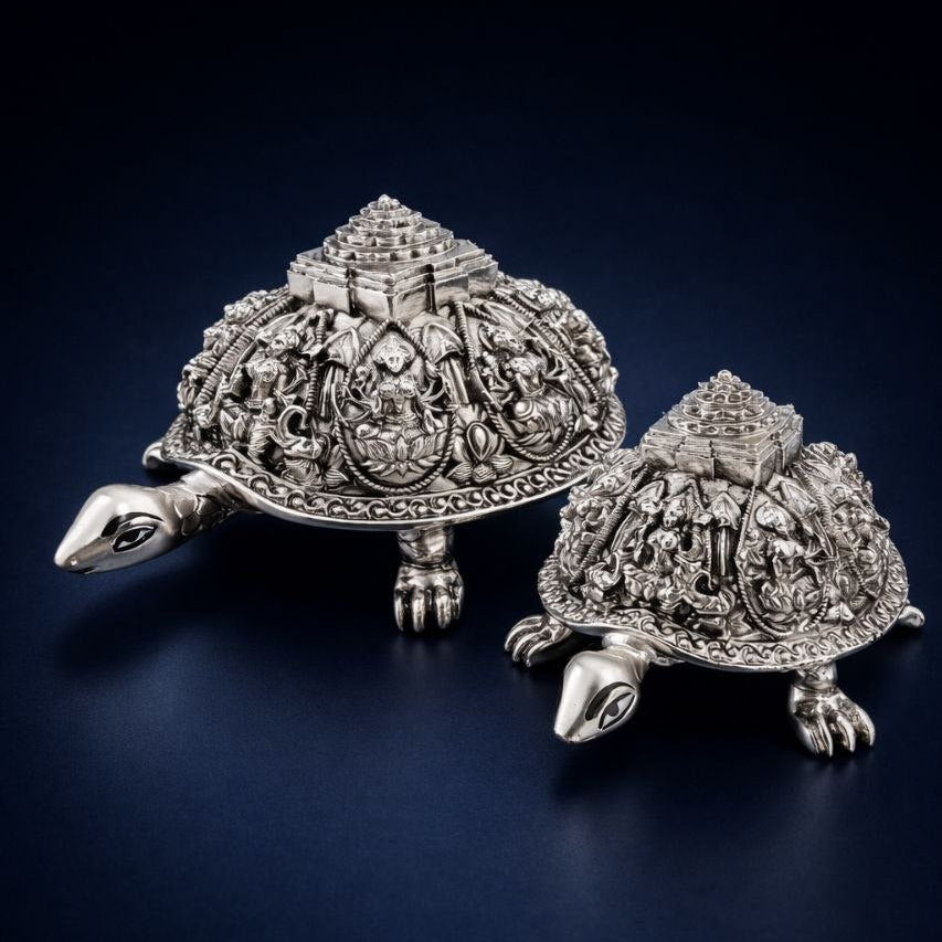 Silver Plated Ashtalakshmi Tortoise Idol with Shree Yantra | 999 Silver Plating