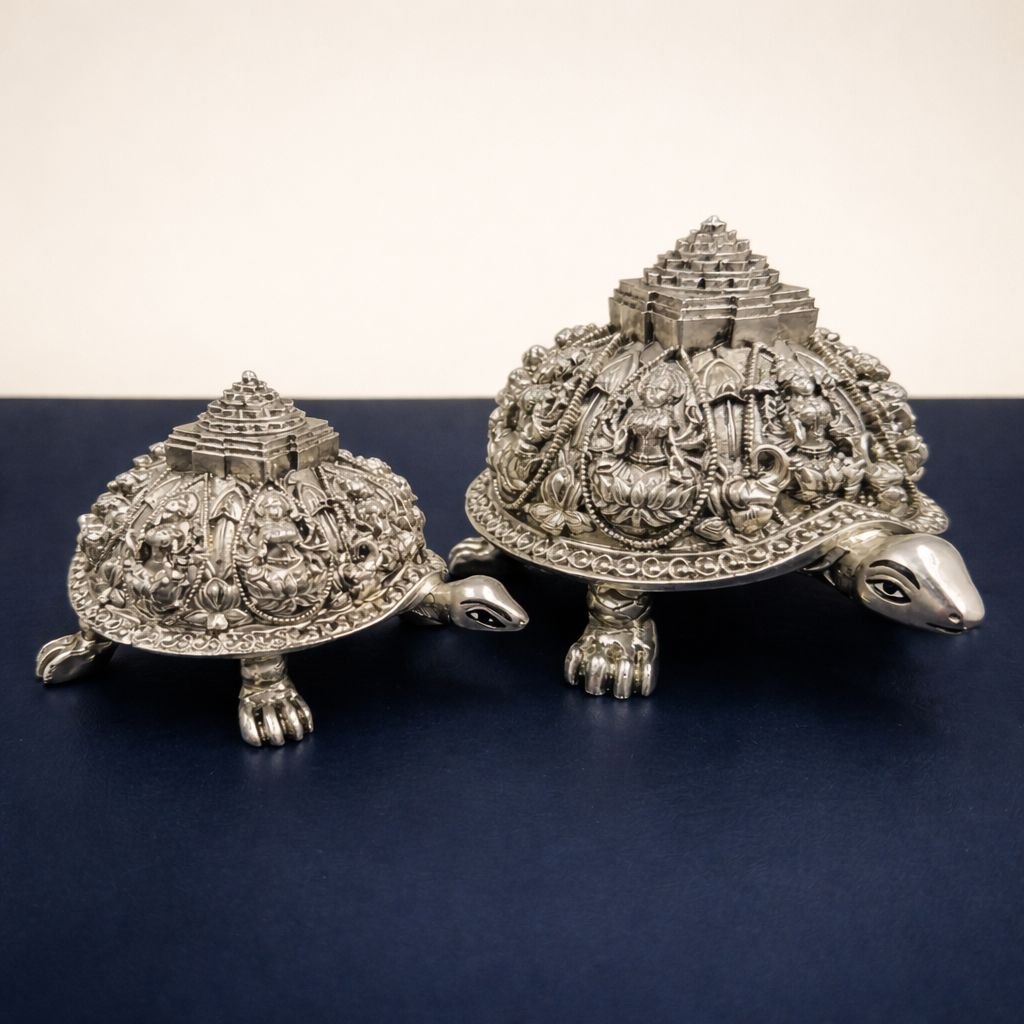 Silver Plated Ashtalakshmi Tortoise Idol with Shree Yantra | 999 Silver Plating