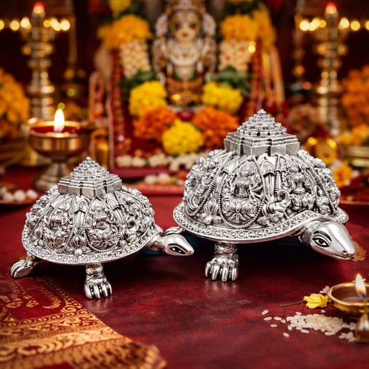 Silver Plated Ashtalakshmi Tortoise Idol with Shree Yantra | 999 Silver Plating