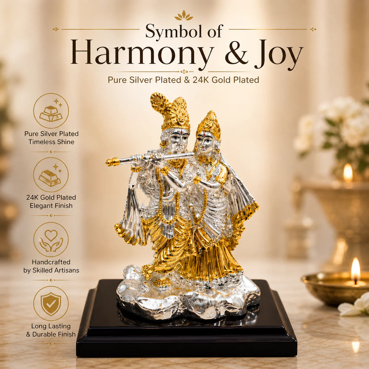 Silver-Plated Radha Krishna Idol For Home