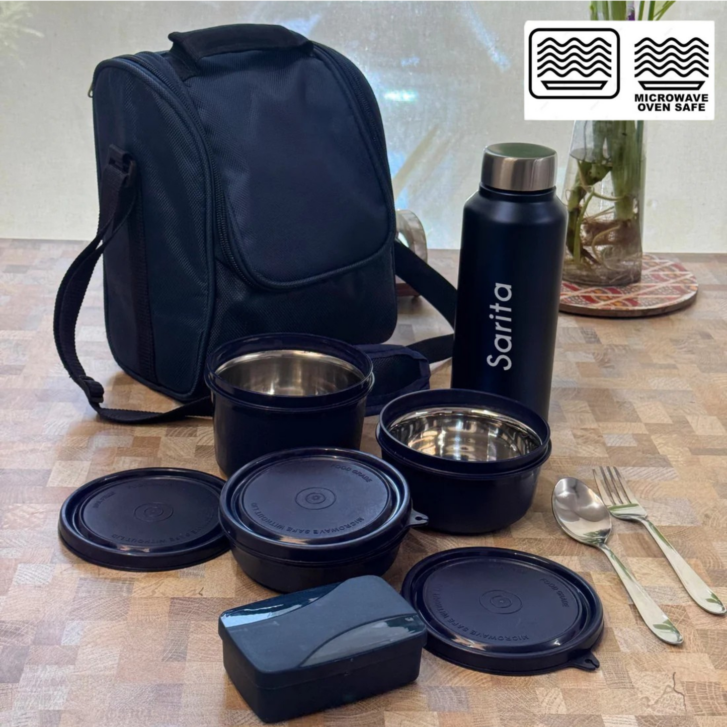 Blue Lunch Box Set for Corporate & Office with Lunch Bag & Water Bottle & Containers with Cutlery Set . 100% Microwave Safe & Leakproof