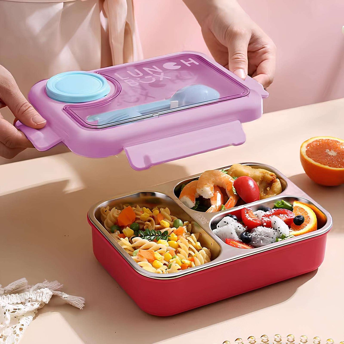 Healthy Meal (3 Grid) Stainless Steel Bento Lunch Box - Leakproof