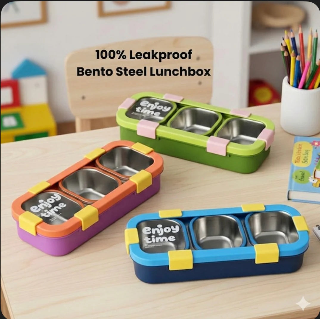 MealJoy Sleek Stainless Steel Bento Lunch Box (3 Grid) - 100% Leakproof