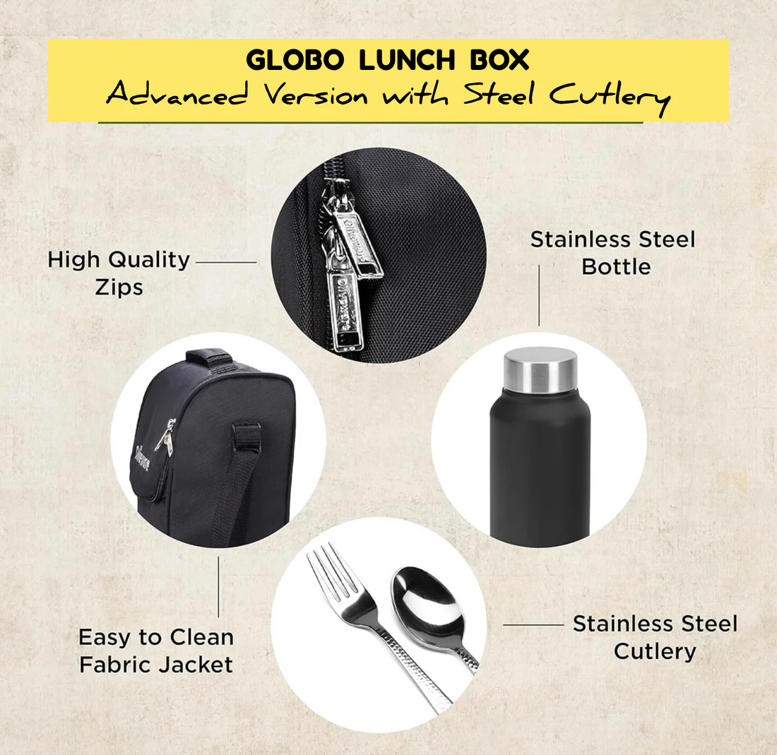 Black Lunch Box Combo with Bottle & Lunch Bag with Personalised Logo & Name Engraving