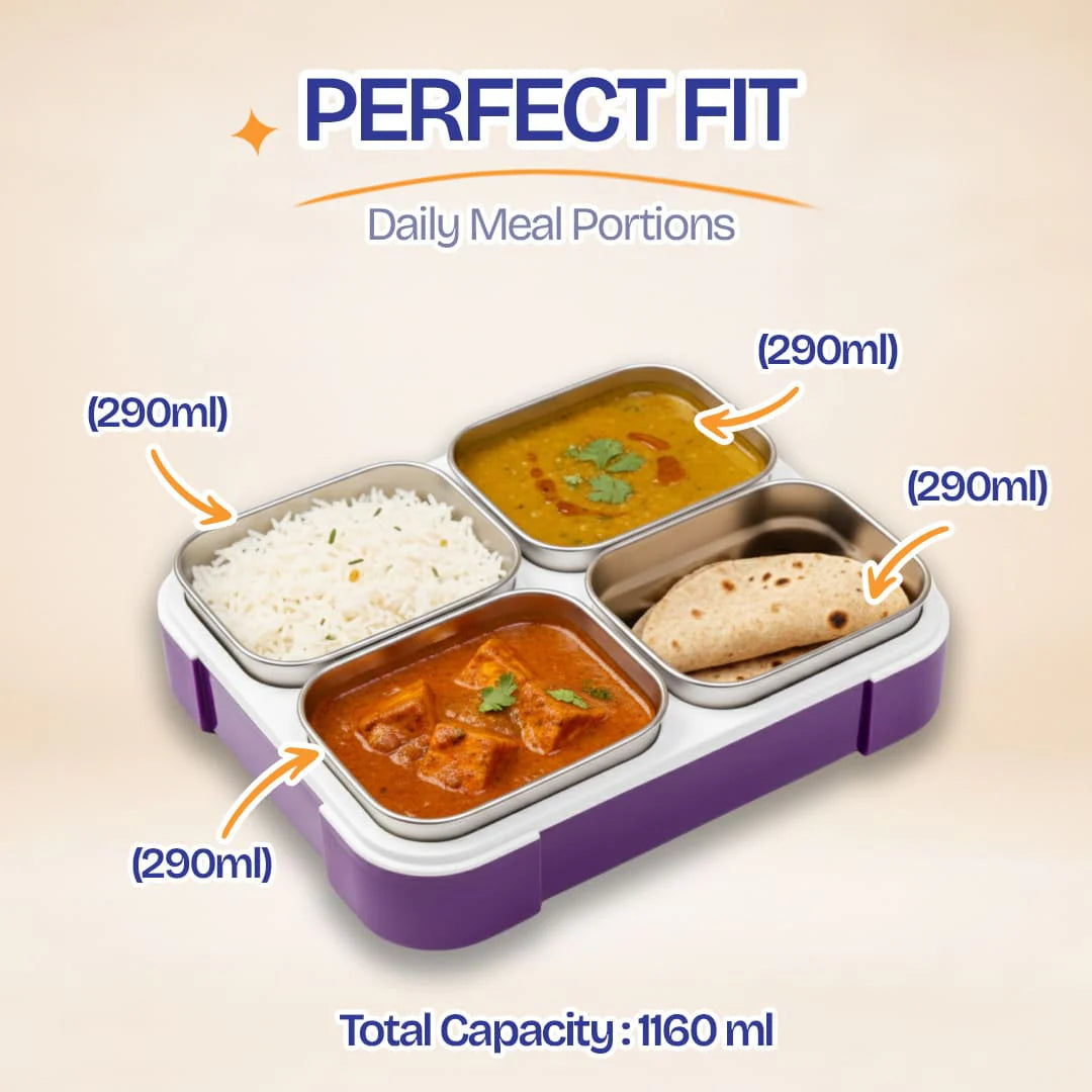Pure Meal 4 Compartment Stainless Steel Bento Lunch Box with Bag