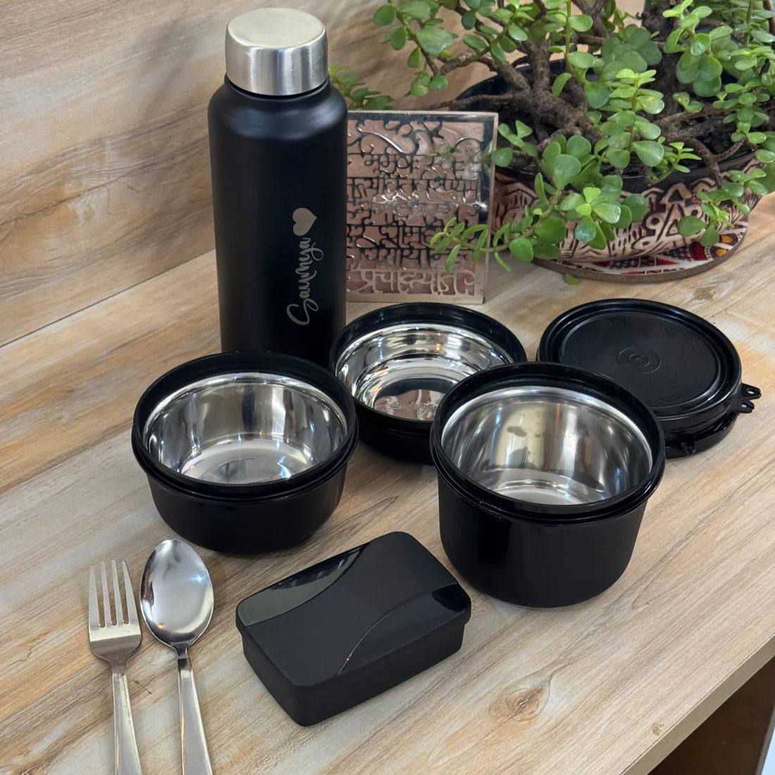 100% Leakproof Black Lunch Box Set with Water Bottle & Cutlery for Office & Long Travel Use