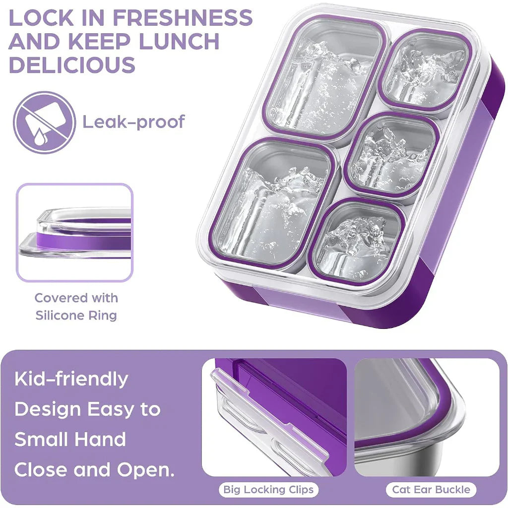 Pure Meal 5 (2+3) Compartment Stainless Steel Bento Lunch Box with Bag
