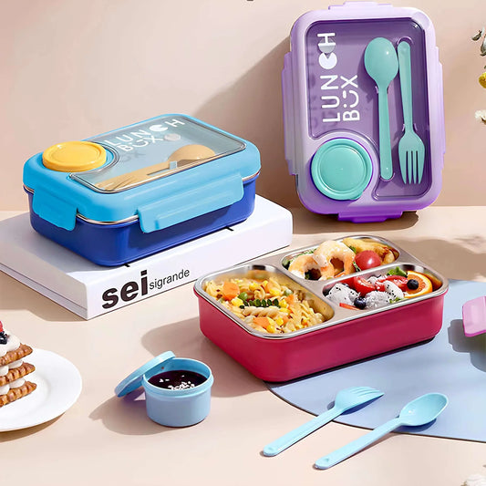 Healthy Meal (3 Grid) Stainless Steel Bento Lunch Box - Leakproof