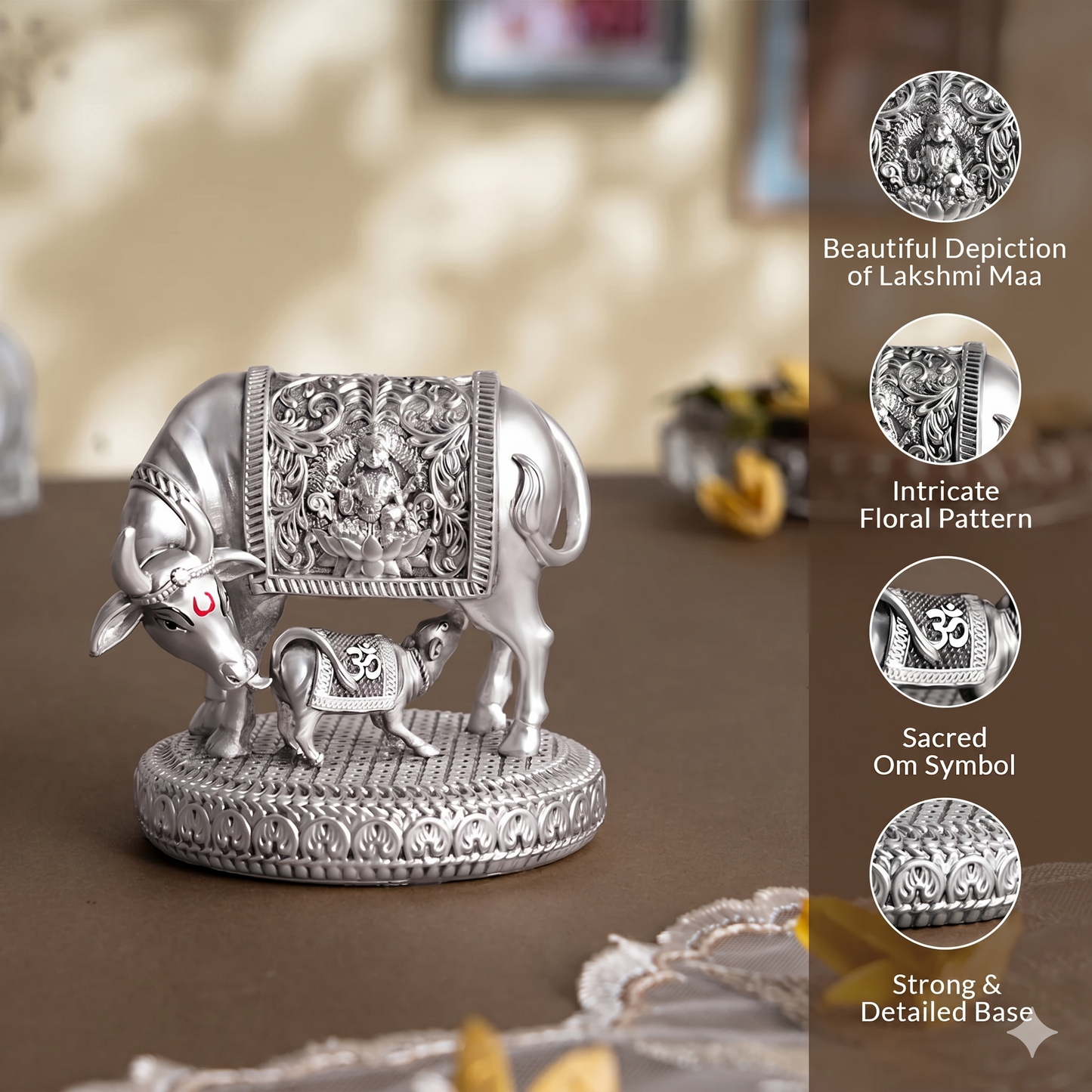 Silver plated Kamdhenu Cow with Calf Idol