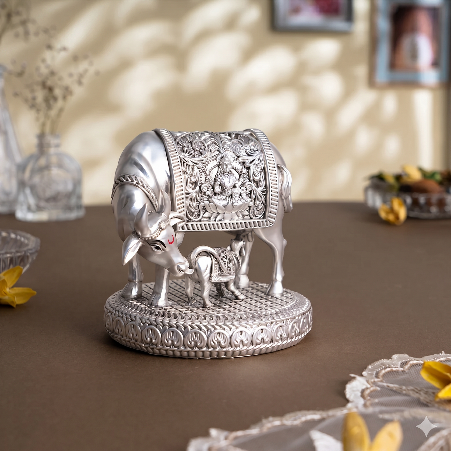 Silver plated Kamdhenu Cow with Calf Idol