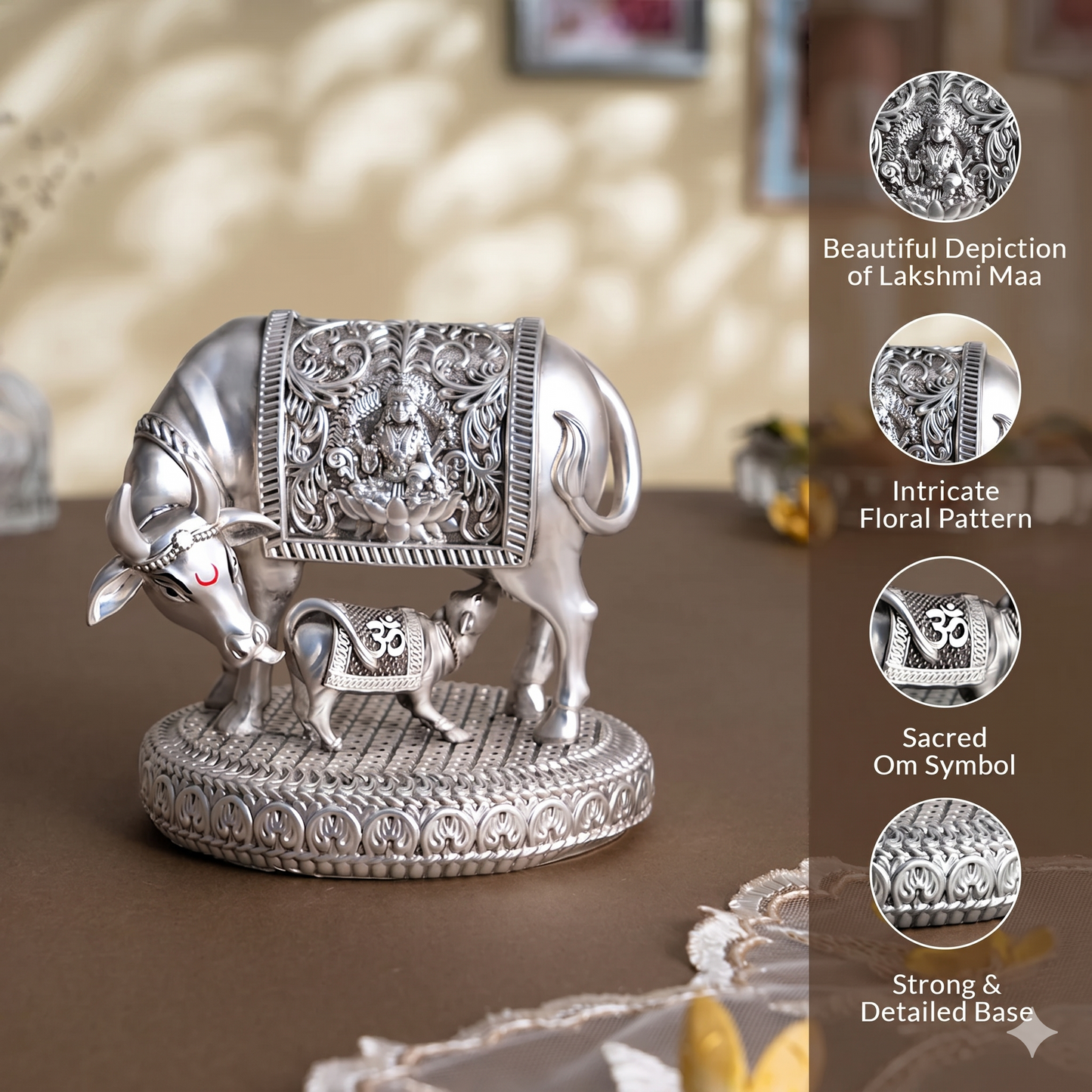 Silver plated Kamdhenu Cow with Calf Idol