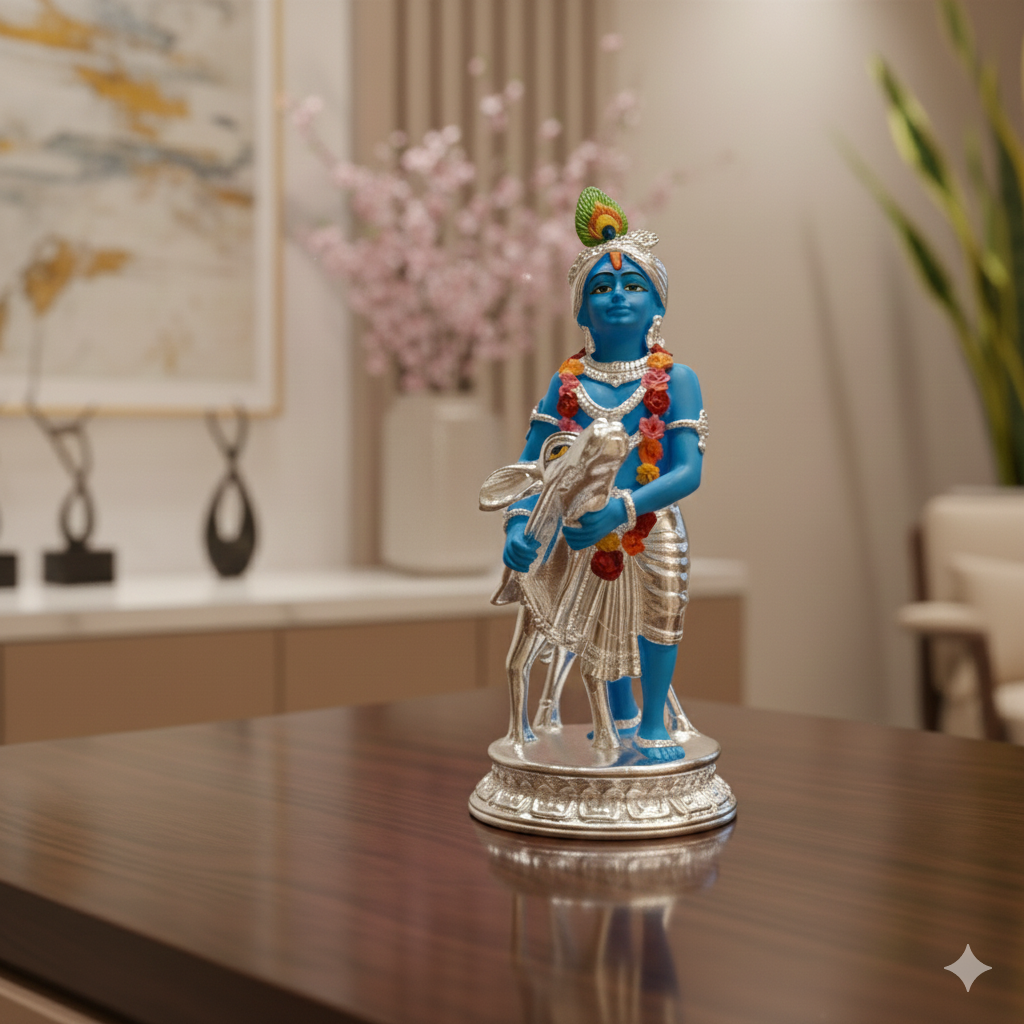 Silver Plated Krishna and Cow Idol with Elegant Matt Finish