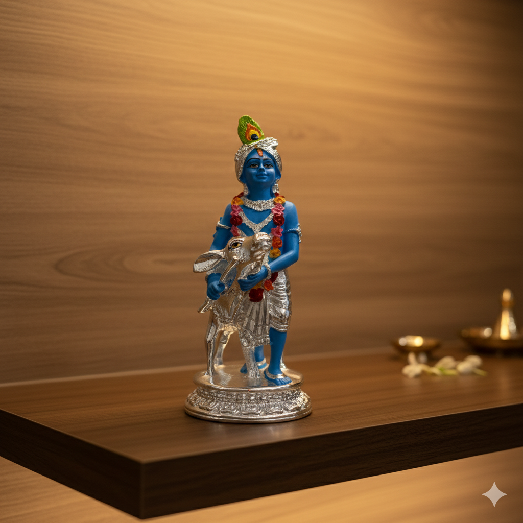 Silver Plated Krishna and Cow Idol with Elegant Matt Finish