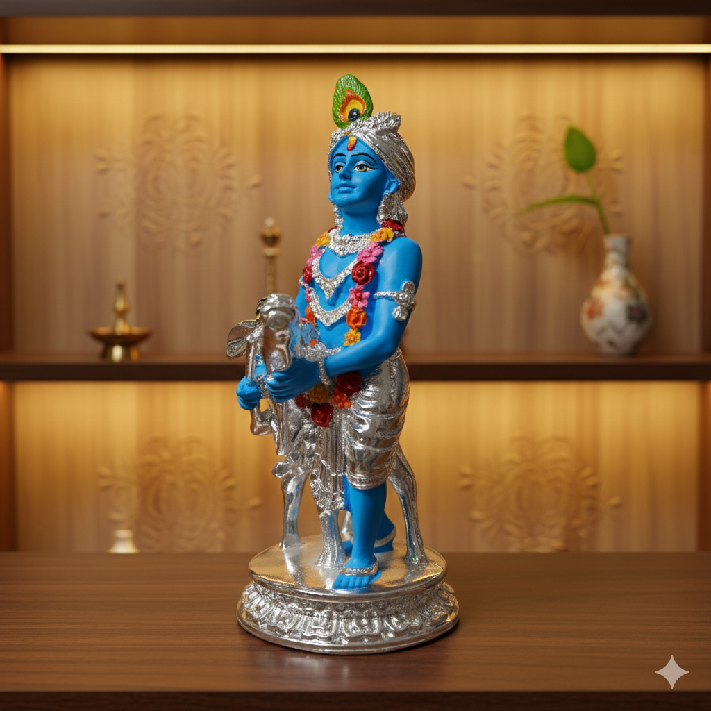 Silver Plated Krishna and Cow Idol with Elegant Matt Finish