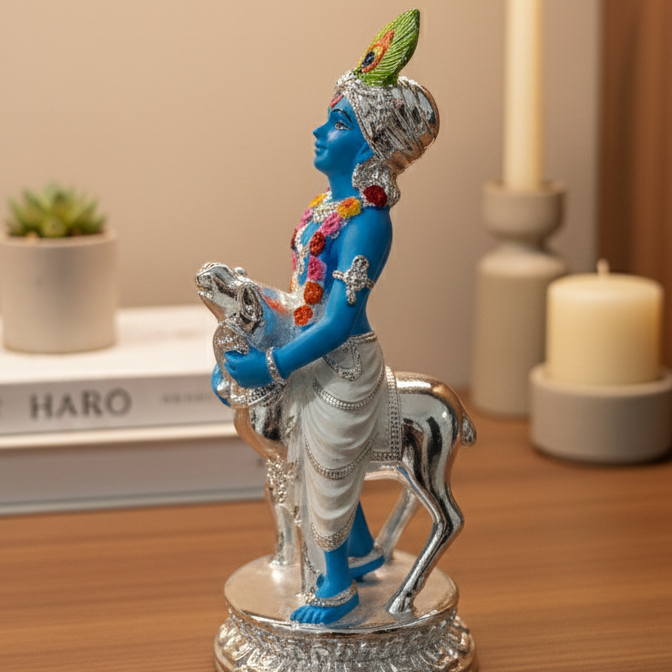 Silver Plated Krishna and Cow Idol with Elegant Matt Finish