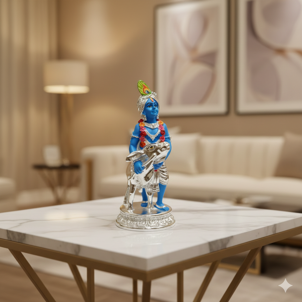 Silver Plated Krishna and Cow Idol with Elegant Matt Finish