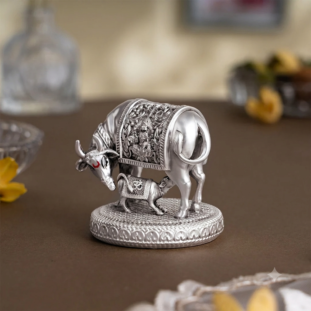Silver plated Kamdhenu Cow with Calf Idol