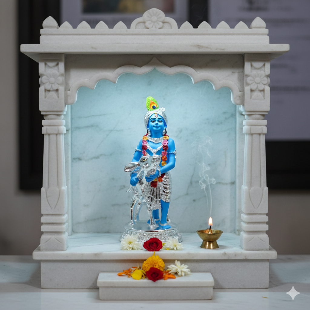 Silver Plated Krishna and Cow Idol with Elegant Matt Finish