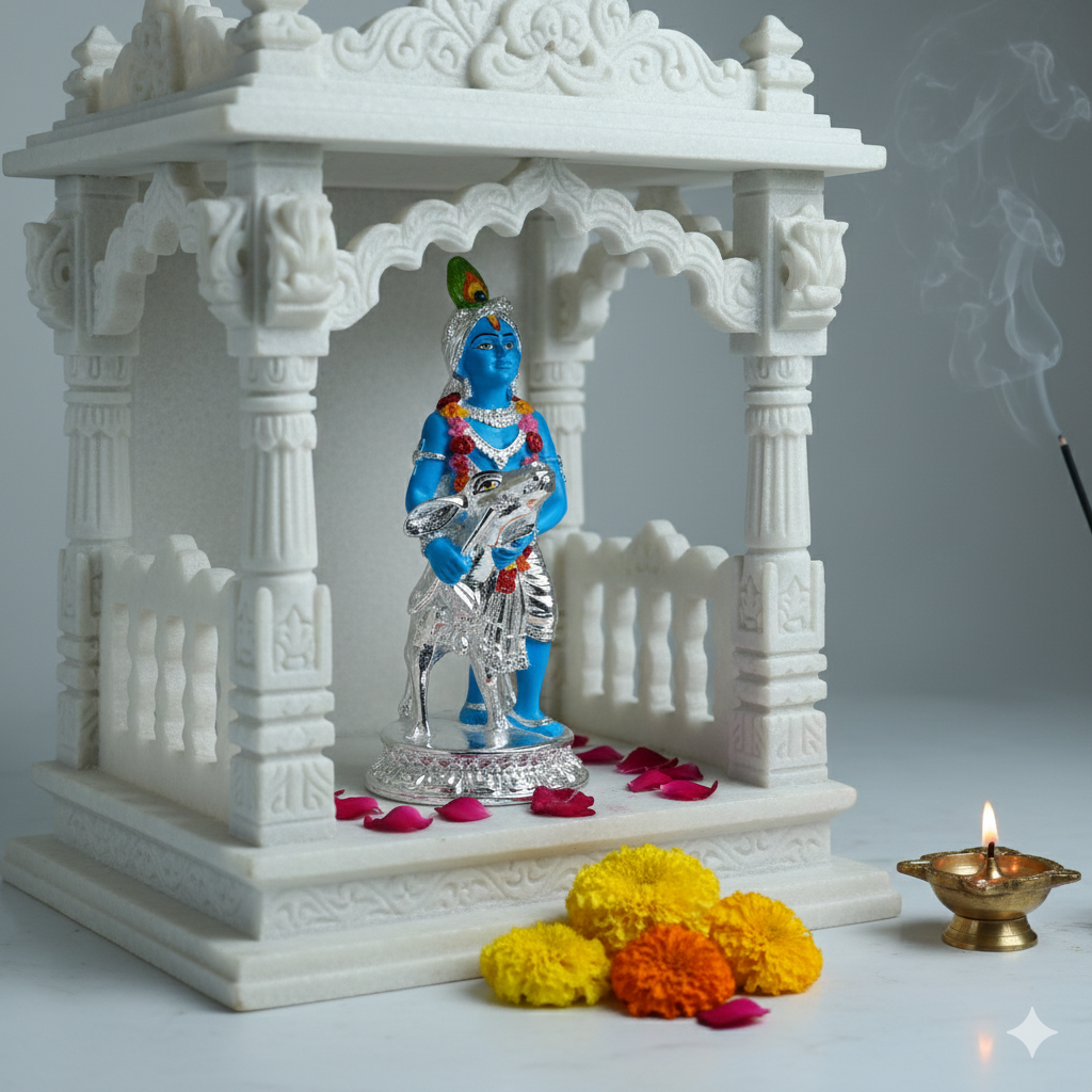 Silver Plated Krishna and Cow Idol with Elegant Matt Finish