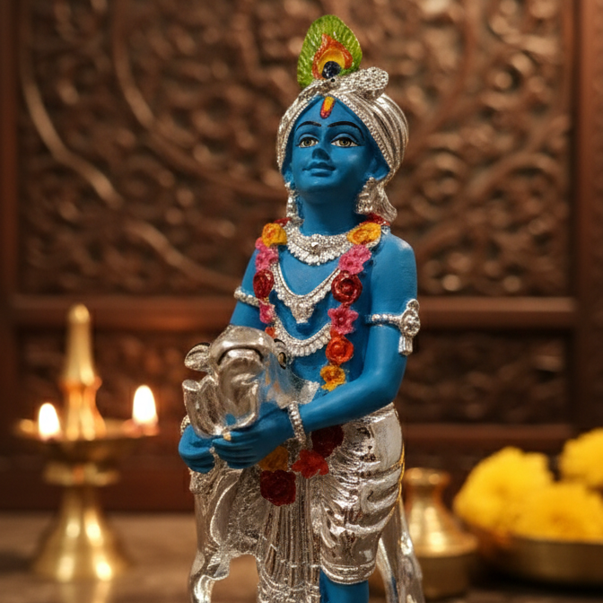 Silver Plated Krishna and Cow Idol with Elegant Matt Finish
