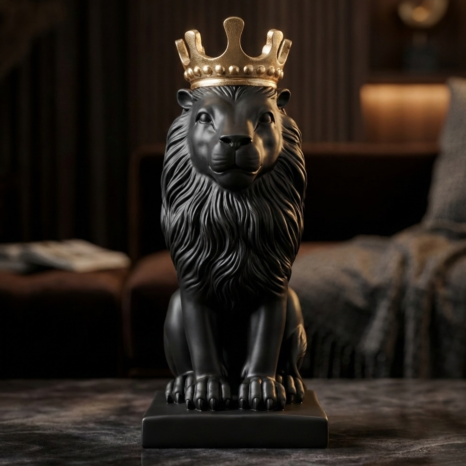 Polyresin Lion King Statue With Crown - Black