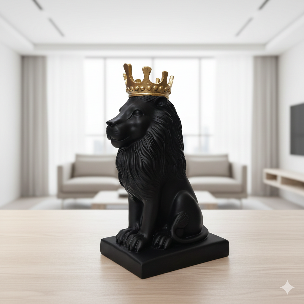 Polyresin Lion King Statue With Crown - Black