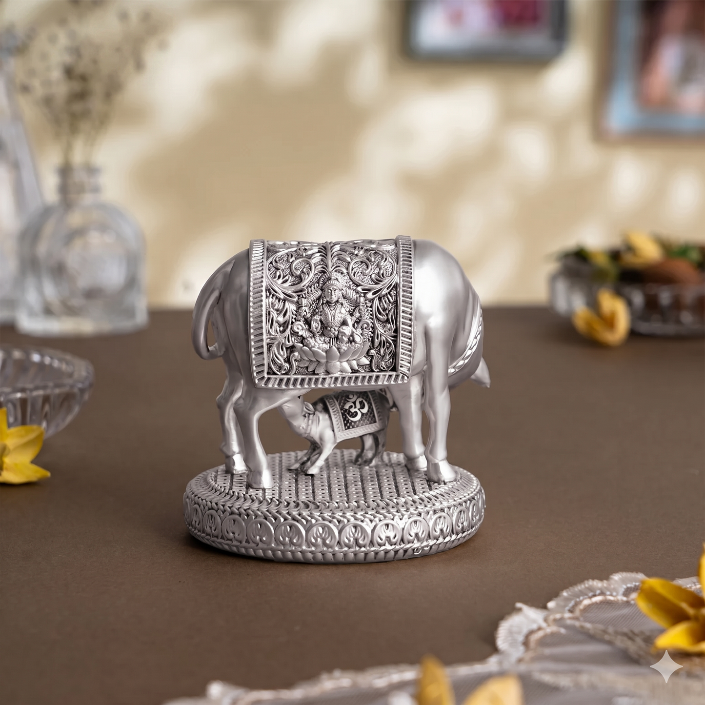 Silver plated Kamdhenu Cow with Calf Idol
