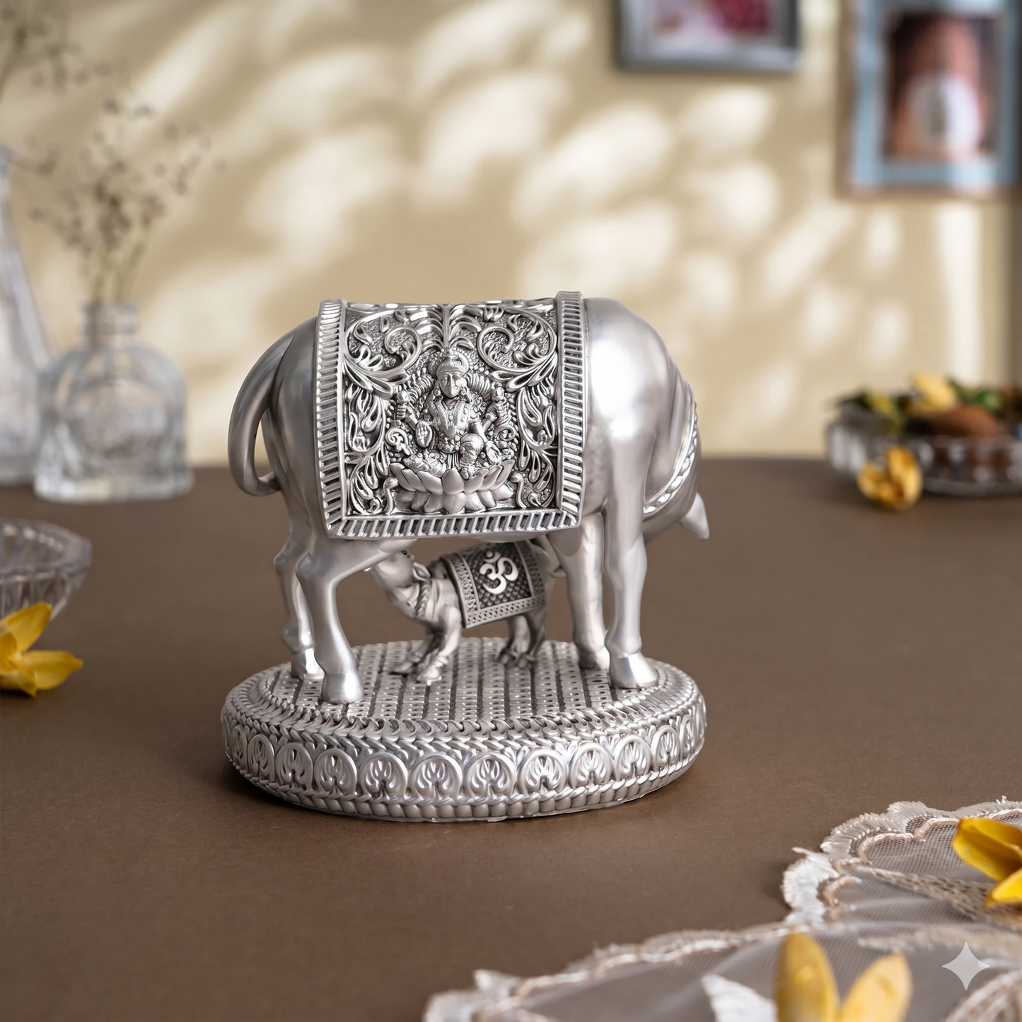 Silver plated Kamdhenu Cow with Calf Idol