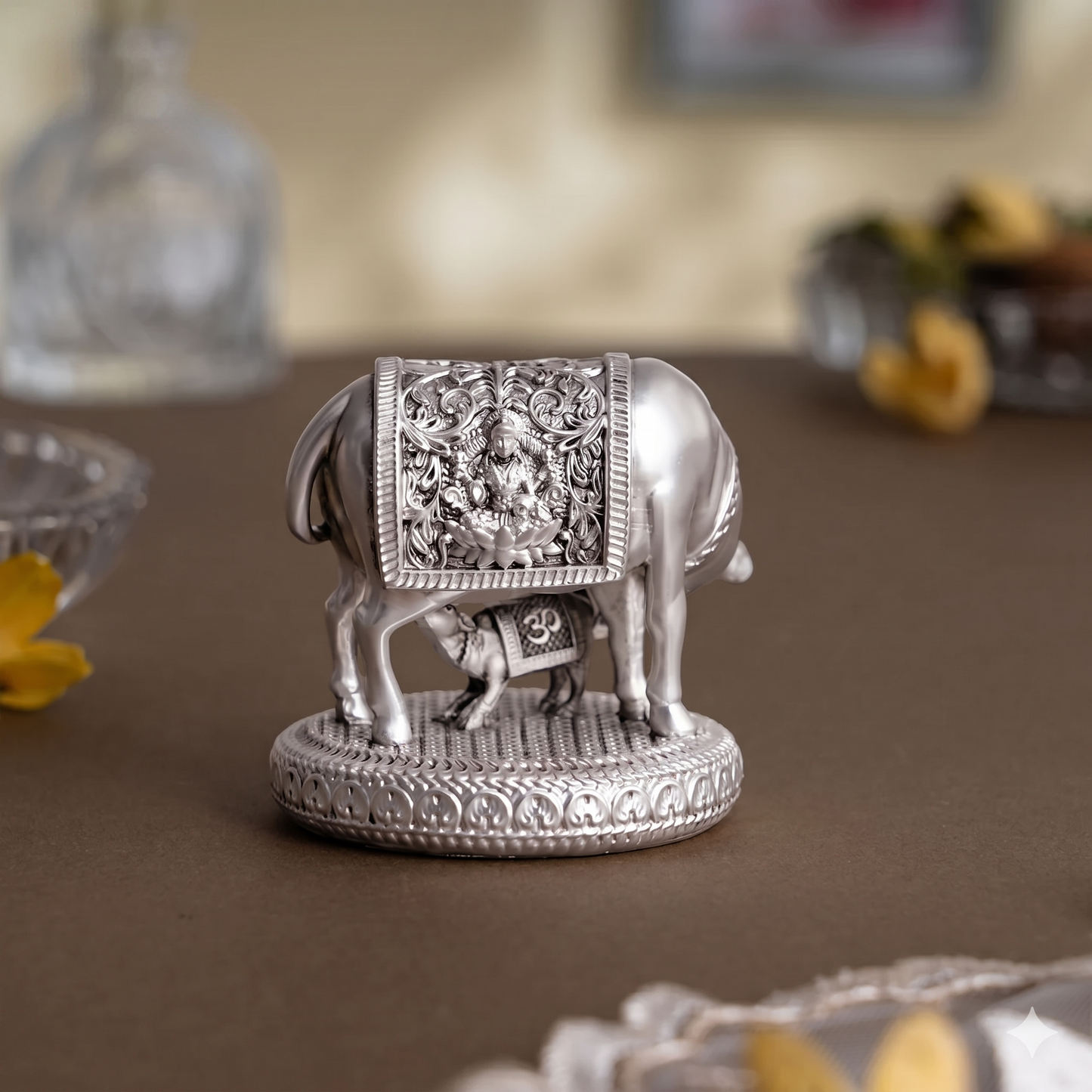 Silver plated Kamdhenu Cow with Calf Idol