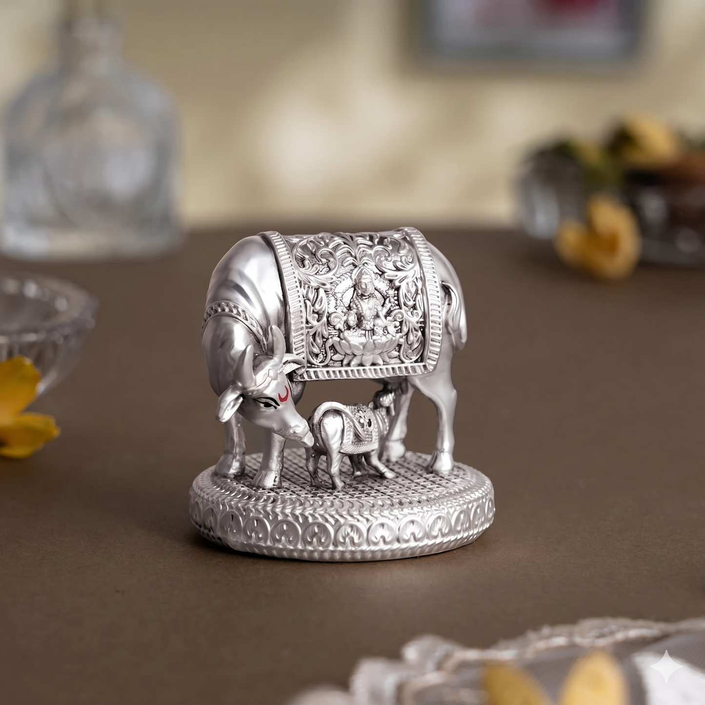 Silver plated Kamdhenu Cow with Calf Idol