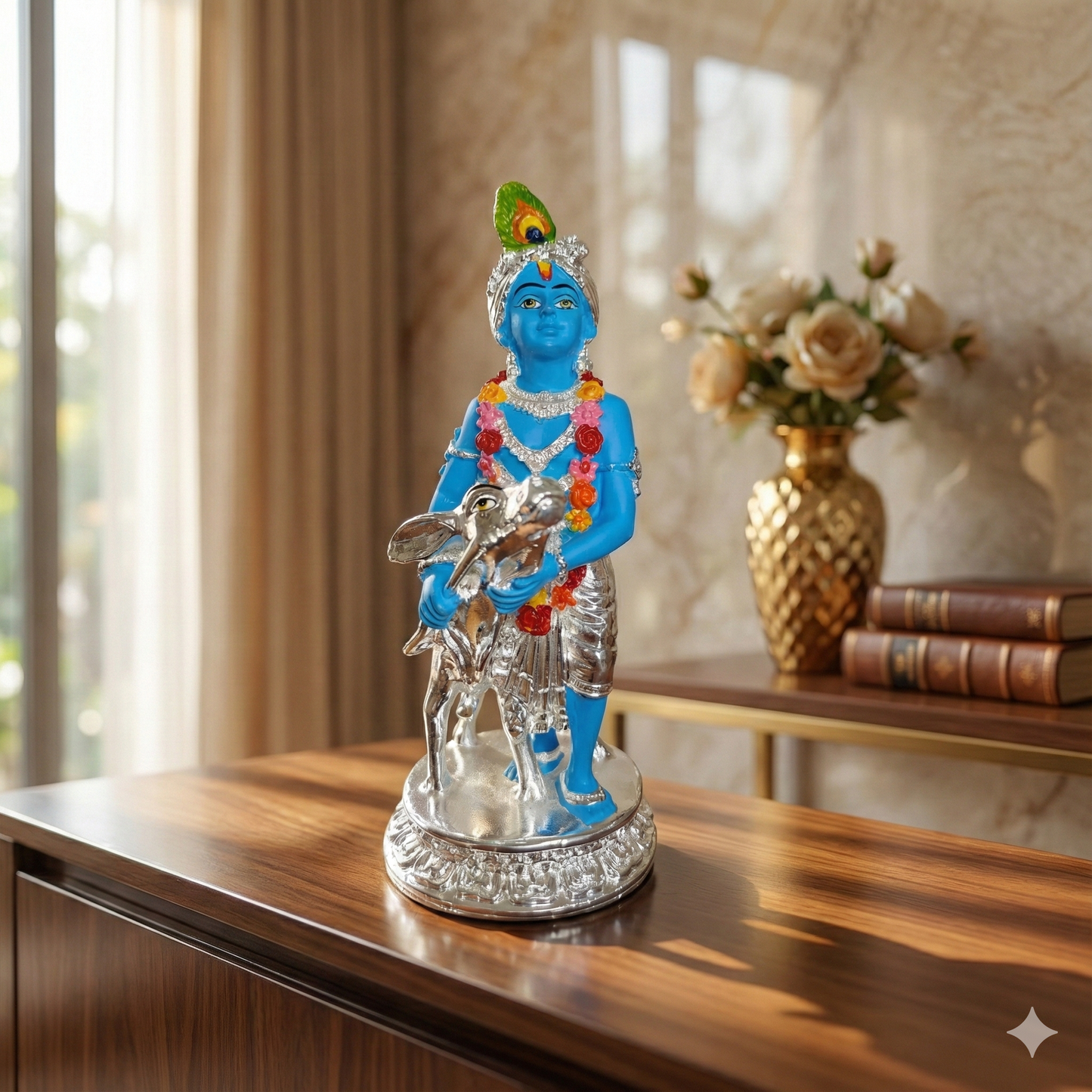 Silver Plated Krishna and Cow Idol with Elegant Matt Finish