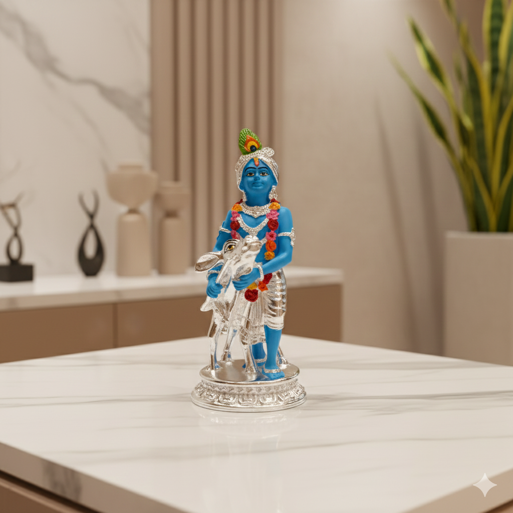 Silver Plated Krishna and Cow Idol with Elegant Matt Finish