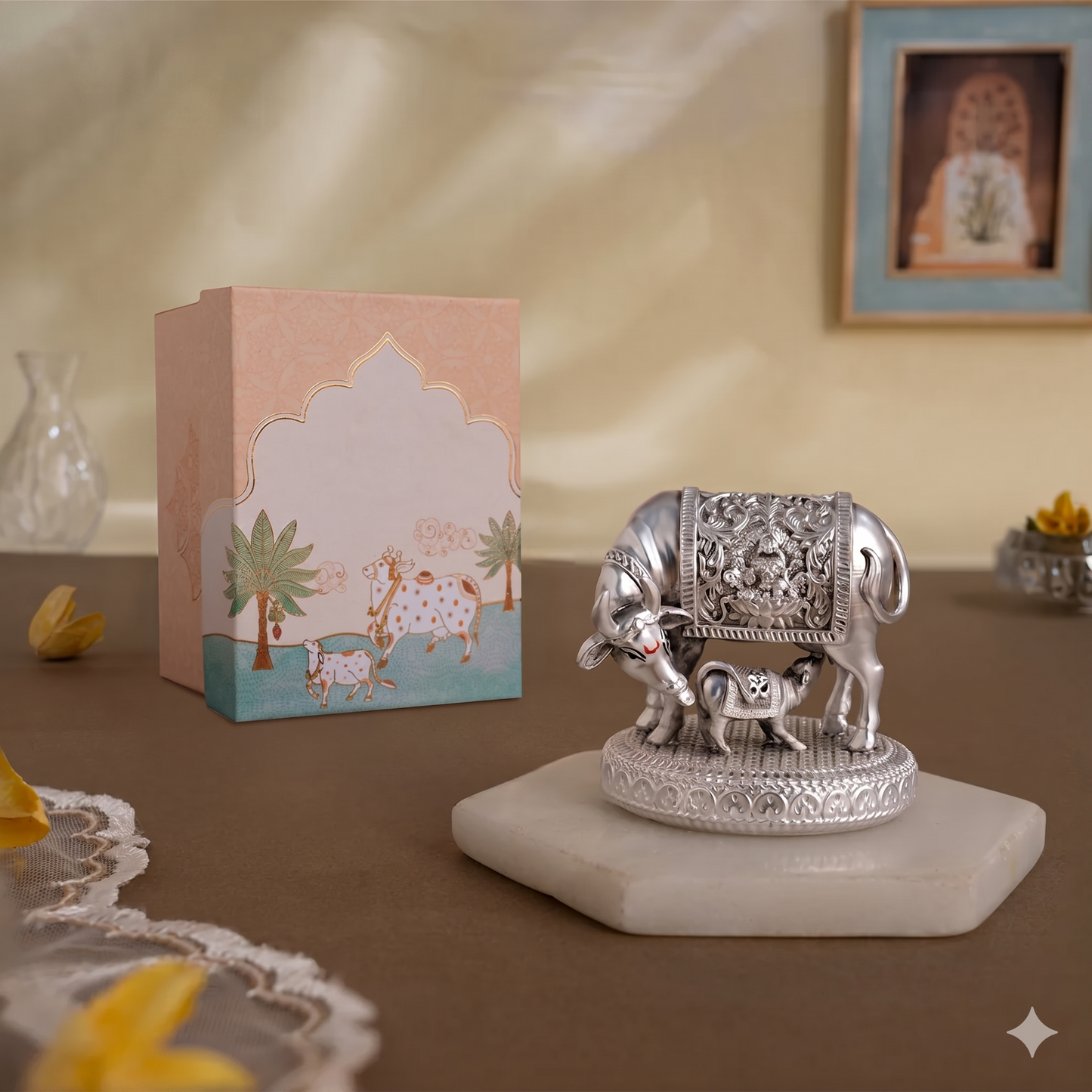 Silver plated Kamdhenu Cow with Calf Idol