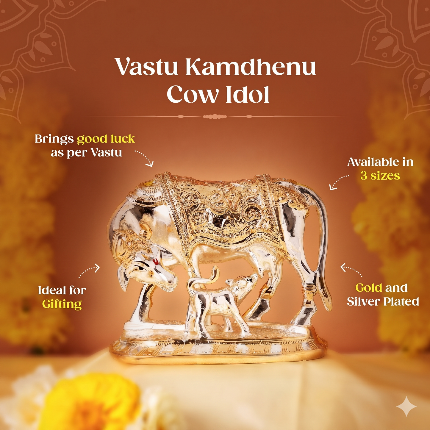 Gold and Silver Plated Vastu Kamdhenu Cow with Calf Idol